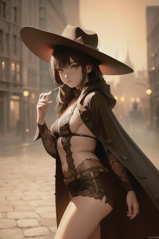 Ultra detailed, (masterpiece:1.7), ((1girl)), upright, (small breast), (32k:1.2), (upscaled:1.2), ((best quality)), (intricate details), (high contrast), Omnious intricate, octane, moebius, gorgeous pose, ArtStation, concept art, ambient, 8k resolution, 8k, Unreal Engine 5, octane render, (anime painting), (detailed shadows), (detailed lighting), (anime:1.5), (dark shot:0.8), (intricate details:1.0), (intricate details, hyperdetailed:1.15), hdr, (at night:1.2), atmospheric, city at night, fog, dramatic light, cinematic, sweet, big dreamy eyes, detailed face, looking at viewer, cowboy, dark western, wild west, coat, cigarette in mouth, smoke, glowing color eyes, <lora:concept_Dark Country:0.4>, cowboy hat, boots