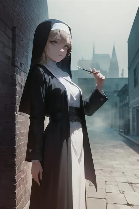 Ultra detailed, (masterpiece:1.7), ((1girl)), upright, (small breast), (32k:1.2), (upscaled:1.2), ((best quality)), (intricate details), (high contrast), Omnious intricate, octane, moebius, gorgeous pose, ArtStation, concept art, ambient, 8k resolution, 8k, Unreal Engine 5, octane render, (anime painting), (detailed shadows), (detailed lighting), (anime:1.5), (dark shot:0.8), (intricate details:1.0), (intricate details, hyperdetailed:1.15), hdr, (at night:1.2), atmospheric, city at night, fog, dramatic light, cinematic, sweet, big dreamy eyes, detailed face, looking at viewer, cowboy, nun, dark western, wild west, coat, cigarette in mouth, smoke, glowing color eyes, <lora:concept_Dark Country:0.4>, cowboy hat, boots