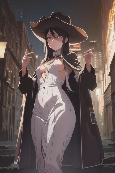 Ultra detailed, (masterpiece:1.7), ((1girl)), upright, (small breast), (32k:1.2), (upscaled:1.2), ((best quality)), (intricate details), (high contrast), Omnious intricate, octane, moebius, gorgeous pose, ArtStation, concept art, ambient, 8k resolution, 8k, Unreal Engine 5, octane render, (anime painting), (detailed shadows), (detailed lighting), (anime:1.5), (dark shot:0.8), (intricate details:1.0), (intricate details, hyperdetailed:1.15), hdr, (at night:1.2), atmospheric, city at night, fog, dramatic light, cinematic, sweet, big dreamy eyes, detailed face, looking at viewer, cowboy, dark western, wild west, coat, smoke, glowing color eyes, <lora:concept_Dark Country:0.5>, cowboy hat, boots, <lora:ShindoL_style:0.5> ShindoL style, ShindoL