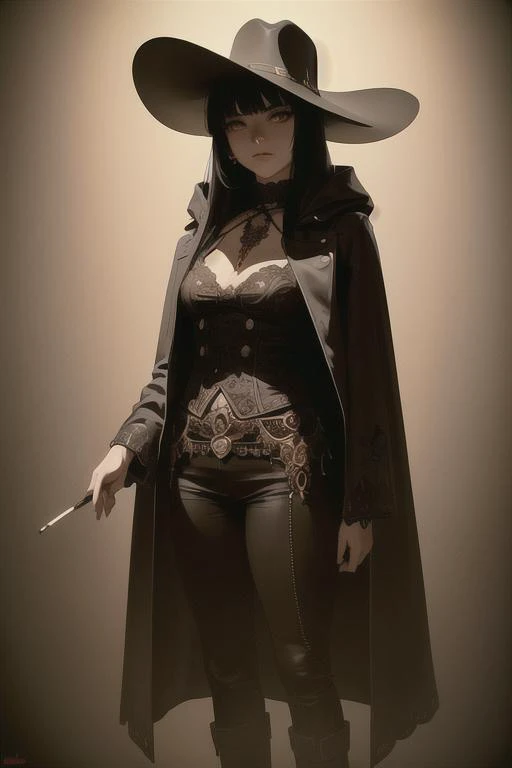 Ultra detailed, (masterpiece:1.7), ((1girl)), upright, (small breast), (32k:1.2), (upscaled:1.2), ((best quality)), (intricate details), (high contrast), Omnious intricate, octane, moebius, gorgeous pose, ArtStation, concept art, ambient, 8k resolution, 8k, Unreal Engine 5, octane render, (anime painting), (detailed shadows), (detailed lighting), (anime:1.5), (dark shot:0.8), (intricate details:1.0), (intricate details, hyperdetailed:1.15), hdr, (at night:1.2), atmospheric, city at night, fog, dramatic light, cinematic, sweet, big dreamy eyes, detailed face, looking at viewer, cowboy, dark western, wild west, coat, cigarette in mouth, smoke, glowing color eyes, <lora:concept_Dark Country:0.4>, cowboy hat, boots