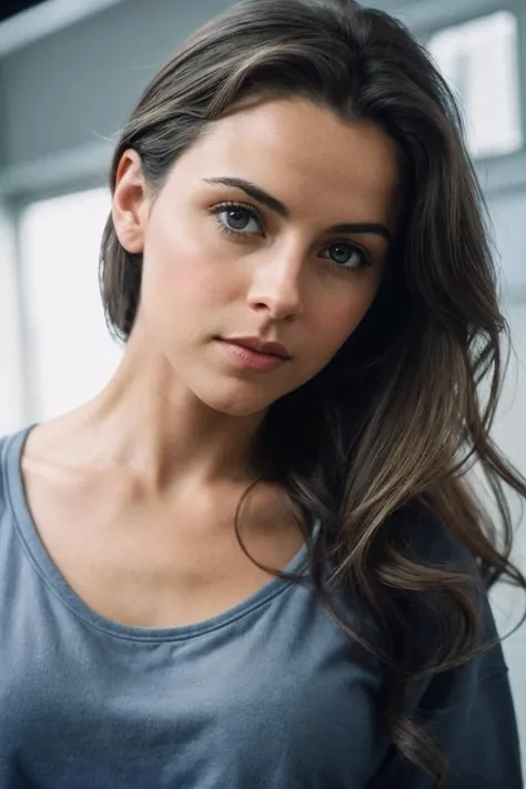photo of K4r3nMcD0ug4l_HM_V2-135, a woman, perfect hair, (modern photo), wearing baggy t-shirt and sweatpants, 70mm medium telephoto (analog, cinematic, film grain:1.3), Quantum Computing Lab, Research facility with superconducting qubits, quantum algorithms, and entanglement experiments., detailed eyes, professional pose, (epiCPhoto), (looking at viewer:1.1), (cinematic shot:1.3), (soft style lighting), OverallDetail, SkinHairDetail
