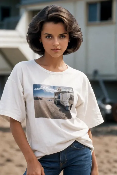 photo of K4r3nMcD0ug4l_HM_V2-135, a woman, perfect hair, (modern photo), wearing loose t-shirt and baggy jeans, 150mm short telephoto (analog, cinematic, film grain:1.3), Rover Repair Station, Facility for Mars rover maintenance, diagnostics, spare parts, and testing., detailed eyes, professional pose, (epiCPhoto), (looking at viewer:1.1), (cinematic shot:1.3), (soft style lighting), OverallDetail, SkinHairDetail