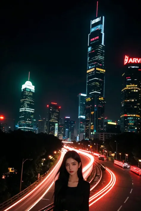 Jet black hair contrasting with neon highlights, eyes capturing the bustling energy of a city at night. Skyscrapers and traffic lights framing her silhouette,Ho Chi Minh District in Vietnam