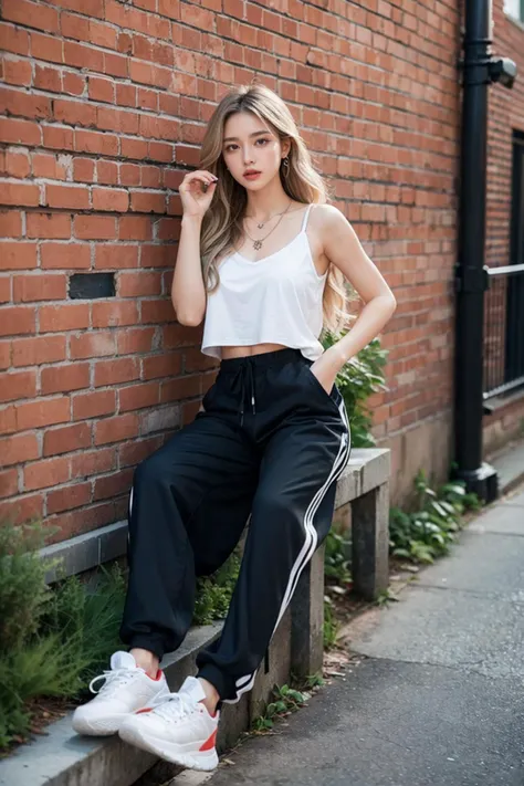 A stunning French girl, her long, curly grey-blonde hair cascading down her back like a waterfall of moonlit silk. She sits confidently at the edge of a vibrant red brick wall, adorned with bold graffiti, wearing all-black attire - a loose-fit top and cargo pants - and fresh sneakers. A delicate necklace and earrings add a touch of elegance to her hip-hop dancer's physique. In a dynamic cowboy-shot composition, she exudes confidence as her piercing eyes gaze directly into the lens, set against a backdrop of textured brickwork.