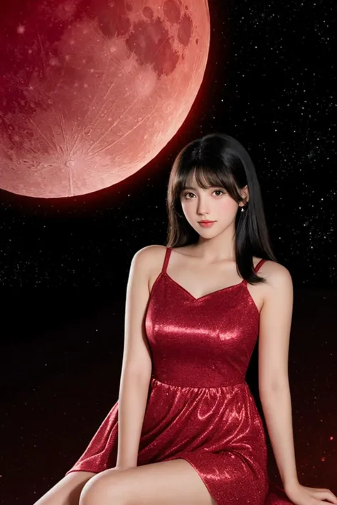 A girl, upper body, black hair, sitting on the moon, looking at the camera, pink dress, red light, red moon, starry sky,