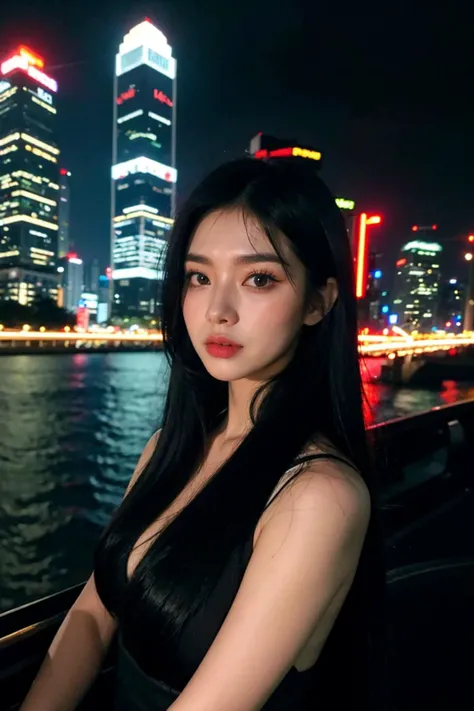 Jet black hair contrasting with neon highlights, eyes capturing the bustling energy of a city at night. Skyscrapers and traffic lights framing her silhouette,Ho Chi Minh District in Vietnam