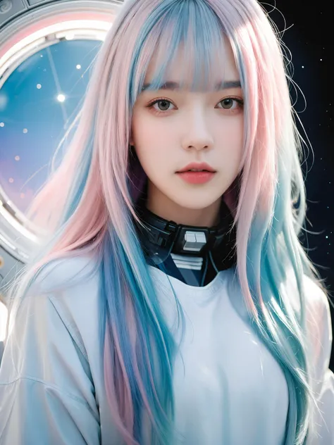 watercolor painting,(masterpiece, realistic:1.3), (extremely intricate:1.2),full body of a girl,sliver gradient hair,(sliver hair:1.1),(light blue hair:1.1),(pink hair:1.2),medium_shot,solo,long hair,, Science fiction style, futurism, space exploration, mechanical elements, interplay of light and shadow, cool tones, futuristic technology, a sense of otherness, mysterious atmosphere, visual impact, artistic innovation, thought-provoking, Best quality, masterpiece, ultra high res, (photorealistic:1.4),texture skin