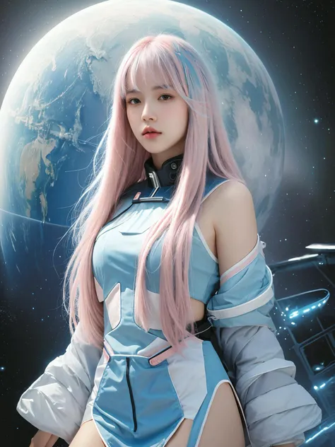 watercolor painting,(masterpiece, realistic:1.3), (extremely intricate:1.2),full body of a girl,sliver gradient hair,(sliver hair:1.1),(light blue hair:1.1),(pink hair:1.2),medium_shot,solo,long hair,, Science fiction style, futurism, space exploration, mechanical elements, interplay of light and shadow, cool tones, futuristic technology, a sense of otherness, mysterious atmosphere, visual impact, artistic innovation, thought-provoking, Best quality, masterpiece, ultra high res, (photorealistic:1.4),texture skin