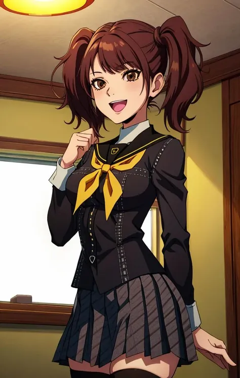 <lora:RiseKujikawaPersona3:1> highres, detailed, soft lighting, indoors, 1girl, rise kujikawa [persona], brown eyes, short hair twintails, thighhighs, yasogami school uniform, yellow neckerchief, happy expression, hearts, black shirt, pleated skirt, black shirt