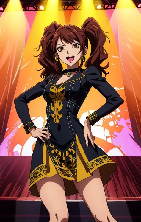 <lora:RiseKujikawaPersona3:1> anime illustration, on stage, concert, idol, rimlights, 1girl, rise kujikawa [persona], brown short twintails, brown eyes, ornate dress, dancing, hand on hip, happy expression