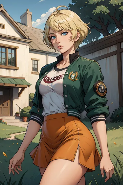 masterpiece, best quality, 1girl, solo, facing viewer, outside, building, highschool
BREAK
<lora:EPfeMerrin-07:0.7> EPfeMerrin, blonde hair, blue eyes, short hair, ahoge,wall, gate, tree
BREAK
green jacket, letterman jacket, closed jacket
BREAK
orange skirt, long skirt, grass