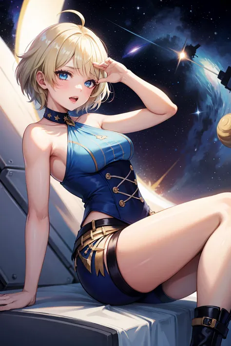 A young sexy woman with short hair and blonde hair in sexy clothes sits in a spaceship seat、A beautiful starry sky can be seen from the window.。Bunny girl drink alcohol High leg cut