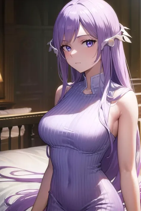 quinella, <lora:quinellav2-lora-nochekaiser:1>,
quinella, absurdly long hair, (purple eyes:1.1), long hair, parted bangs, purple hair, very long hair, hair ornament,
BREAK dress, purple dress, ribbed dress, detached sleeves, sleeveless,
BREAK indoors, bed,
BREAK looking at viewer, (cowboy shot:1.5),
BREAK <lyco:GoodHands-beta2:1>, (masterpiece:1.2), best quality, high resolution, unity 8k wallpaper, (illustration:0.8), (beautiful detailed eyes:1.6), extremely detailed face, perfect lighting, extremely detailed CG, (perfect hands, perfect anatomy),