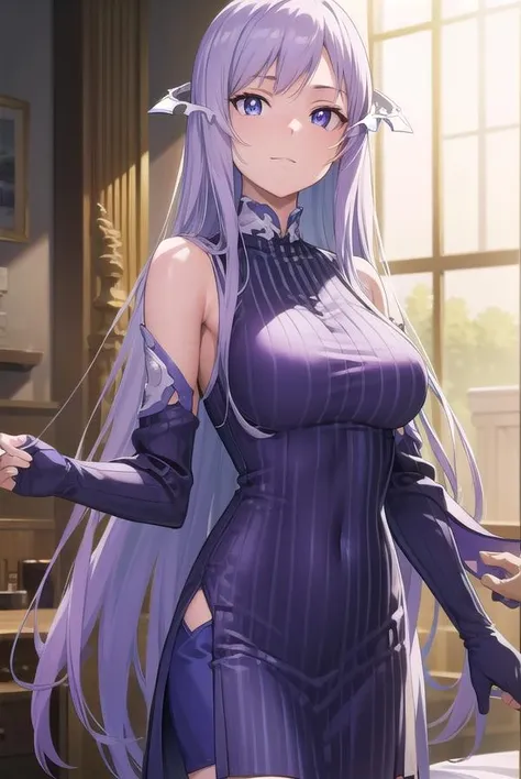 quinella, <lora:quinella-lora-nochekaiser:1>,
quinella, absurdly long hair, (purple eyes:1.1), long hair, parted bangs, purple hair, very long hair, hair ornament,
BREAK dress, purple dress, ribbed dress, detached sleeves, sleeveless,
BREAK indoors, bed,
BREAK looking at viewer, (cowboy shot:1.5),
BREAK <lyco:GoodHands-beta2:1>, (masterpiece:1.2), best quality, high resolution, unity 8k wallpaper, (illustration:0.8), (beautiful detailed eyes:1.6), extremely detailed face, perfect lighting, extremely detailed CG, (perfect hands, perfect anatomy),