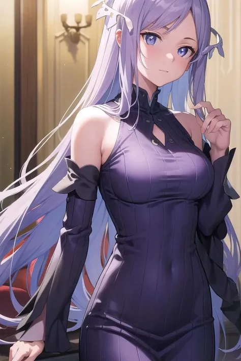 quinella, <lora:quinella-lora-nochekaiser:1>,
quinella, absurdly long hair, (purple eyes:1.1), long hair, parted bangs, purple hair, very long hair, hair ornament,
BREAK dress, purple dress, ribbed dress, detached sleeves, sleeveless,
BREAK indoors, bed,
BREAK looking at viewer, (cowboy shot:1.5),
BREAK <lyco:GoodHands-beta2:1>, (masterpiece:1.2), best quality, high resolution, unity 8k wallpaper, (illustration:0.8), (beautiful detailed eyes:1.6), extremely detailed face, perfect lighting, extremely detailed CG, (perfect hands, perfect anatomy),