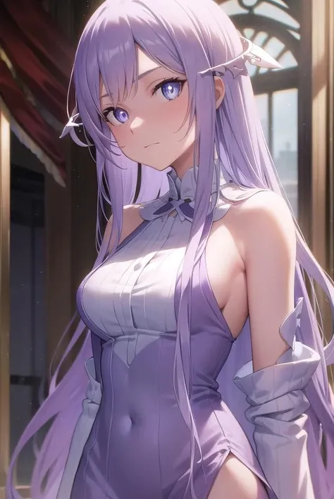 ((I want a woman alone, curvy and beautiful body, light blue eyes and light purple wavy hair without bangs, sharp look, smile on her face and wearing a beautiful dress))
