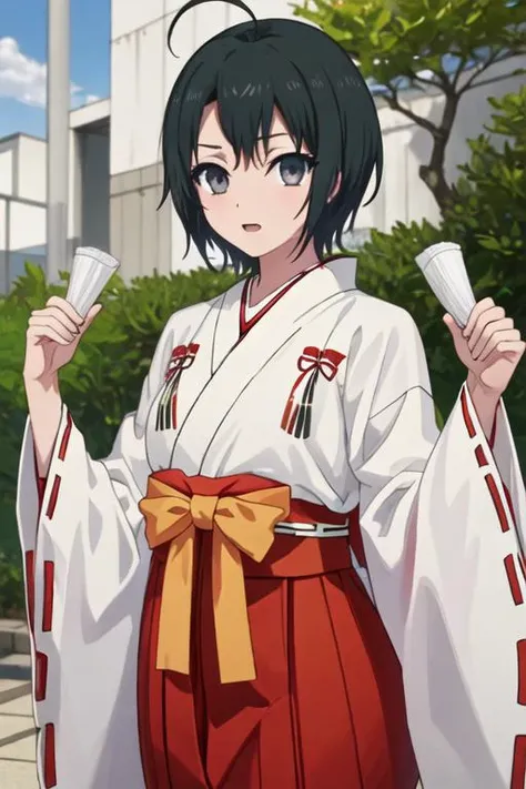 best quality, masterpiece, highres, solo, {white kimono:1.35}, {red hakama:1.35}, {wide sleeves:1.20}, {todo_misa_shirobako:1.15}, black_hair, short_hair, ahoge, black_eyes, grey_eyes