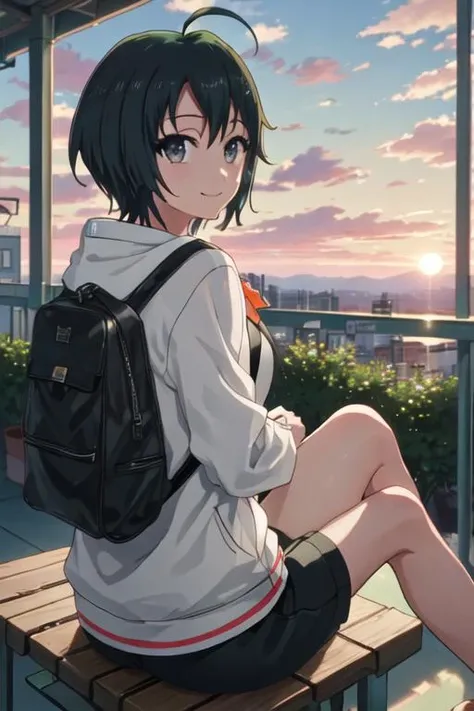 best quality, masterpiece, highres, solo, {todo_misa_shirobako:1.15}, black_hair, short_hair, ahoge, black_eyes, grey_eyes, 1girl, looking_at_viewer, looking_back, sitting, smile, sky, cloud, bag, reverse_trap, sunset