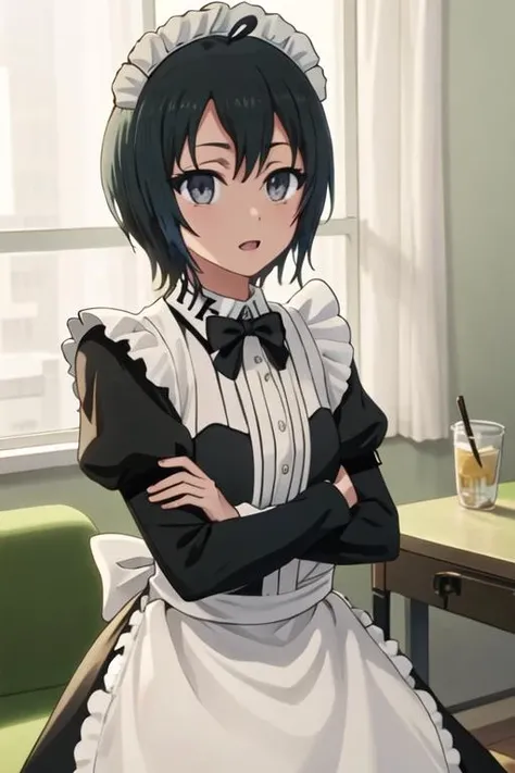 best quality, masterpiece, highres, solo, {maid:1.40}, {long maid dress:1.15}, {todo_misa_shirobako:1.15}, black_hair, short_hair, ahoge, black_eyes, grey_eyes
