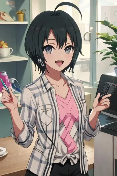 best quality, masterpiece, highres, solo, {todo_misa_shirobako:1.15}, black_hair, short_hair, ahoge, black_eyes, grey_eyes, 1girl, plaid, plaid_shirt, shirt, looking_at_viewer, smile, open_mouth, :d, open_clothes, open_shirt