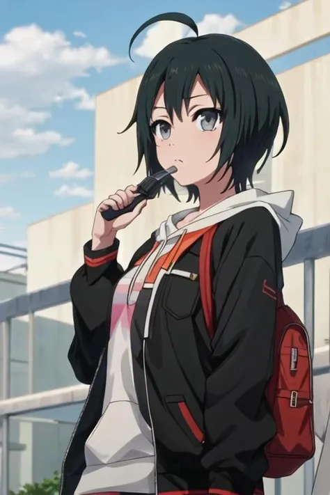 best quality, masterpiece, highres, solo, {todo_misa_shirobako:1.15}, black_hair, short_hair, ahoge, black_eyes, grey_eyes
