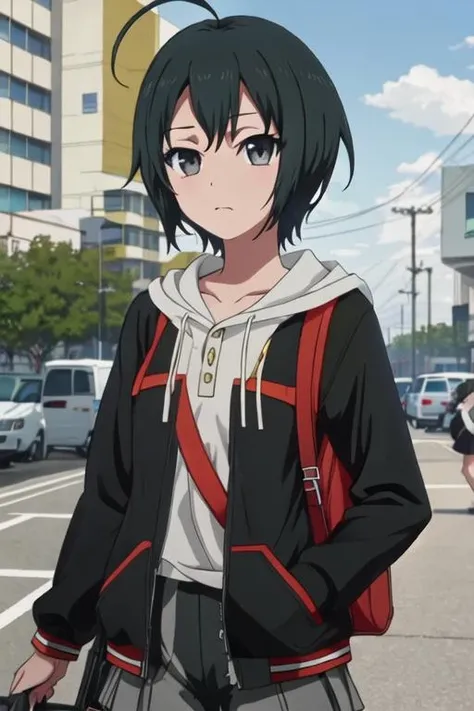 best quality, masterpiece, highres, solo, {todo_misa_shirobako:1.15}, black_hair, short_hair, ahoge, black_eyes, grey_eyes, 2girls, multiple_girls, red_hair