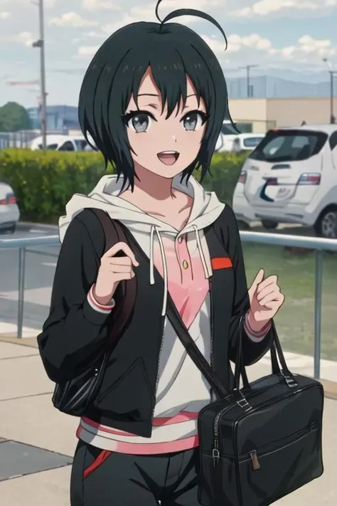 best quality, masterpiece, highres, solo, {todo_misa_shirobako:1.15}, black_hair, short_hair, ahoge, black_eyes, grey_eyes, 1girl, hoodie, open_mouth, hood, bag, smile, anime_coloring