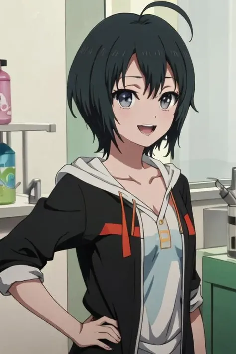 best quality, masterpiece, highres, solo, {todo_misa_shirobako:1.15}, black_hair, short_hair, ahoge, black_eyes, grey_eyes, 1girl, smile, upper_body, collarbone, looking_at_viewer, anime_coloring, hair_between_eyes, open_mouth, shirt