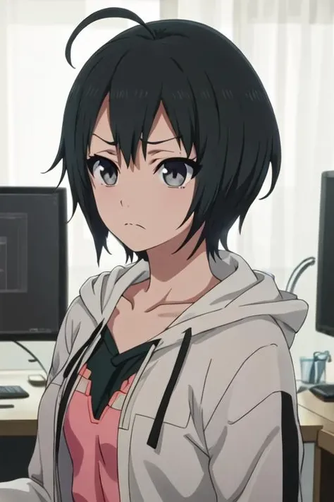 best quality, masterpiece, highres, solo, {todo_misa_shirobako:1.15}, black_hair, short_hair, ahoge, black_eyes, grey_eyes, 1girl, hood, hoodie, anime_coloring, collarbone, upper_body, frown, jacket, monitor