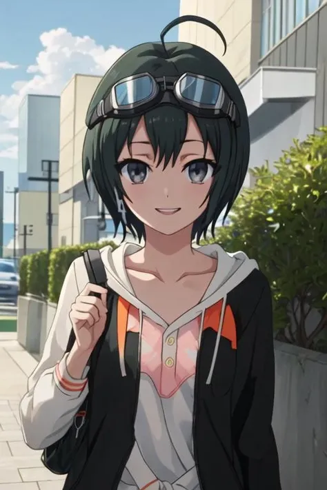 best quality, masterpiece, highres, solo, {todo_misa_shirobako:1.15}, black_hair, short_hair, ahoge, black_eyes, grey_eyes, 1girl, goggles, goggles_on_headwear, hat, smile, collarbone