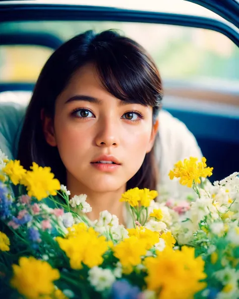 <lora:flowerdance:1>yellow flowers,close up, photo of beautiful korean mixed girl, greenish background,film grain, retro color theme, (realistic skin_details, sharp focus, eyes_focus, masterpiece,best quality,finely detailed,extremely detailed, realistic detail, realistic, high_resolution:1.2)