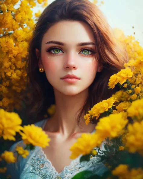 <lora:flowerdance:0.6> realistic photography,medium_shot_photo, beautiful girl, dark eyes, full of yellow flowers, orange flowers, greenish background, [:film grain:0.4], [:retro color theme:0.4], (realistic skin_details, sharp focus, eyes_focus, masterpiece,best quality,finely detailed,extremely detailed, realistic detail, realistic, high_resolution:1.2)