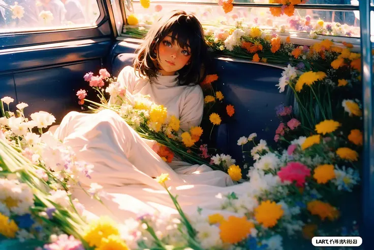 the subway is filled with flowers,flowers fill the entire subway,flowering shrubs,the entire carriage is filled with flowers,<lora:aki:1.5>,metro,1girl,white dress,princess,