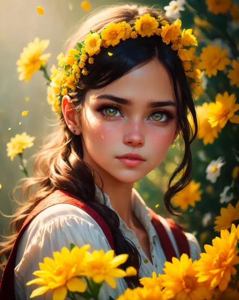 <lora:flowerdance:0.6> realistic photography,medium_shot_photo, beautiful girl, dark eyes, full of yellow flowers, orange flowers, greenish background, [:film grain:0.4], [:retro color theme:0.4], (realistic skin_details, sharp focus, eyes_focus, masterpiece,best quality,finely detailed,extremely detailed, realistic detail, realistic, high_resolution:1.2)