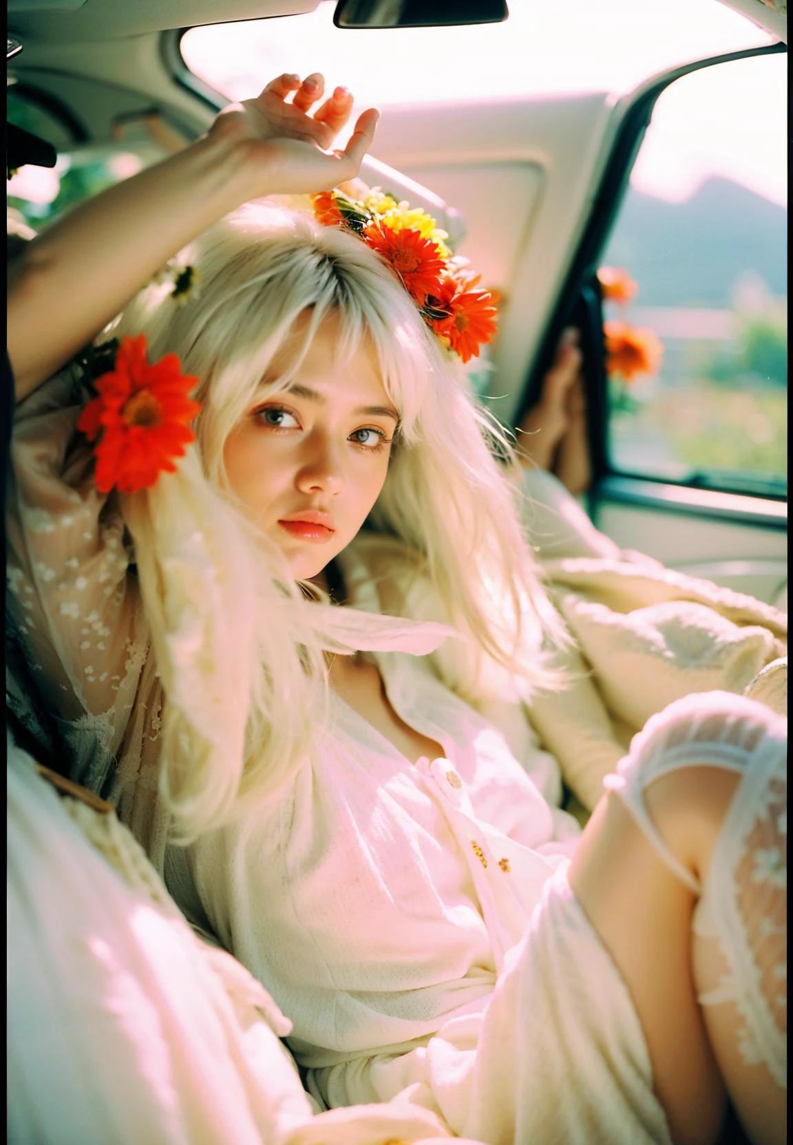 (masterpiece, top quality, best quality, official art, beautiful and aesthetic:1.3),extreme detailed,colorful,highest detailed,((ultra-detailed)), (highly detailed CG illustration), ((an extremely delicate and beautiful)),cinematic light,((A girl, a car, car interior, flowers, daisies,Bouquet in hand, red flowers, afternoon sun, blurry, blurry, real foreground,White hair,photo_\(medium\), looking_at_viewer <lora:aki:1>