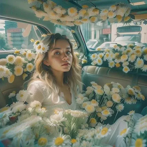 (masterpiece, top quality, best quality, official art, beautiful and aesthetic:1.3),extreme detailed,colorful,highest detailed,((ultra-detailed)), (highly detailed CG illustration), ((an extremely delicate and beautiful)),cinematic light,((A girl, a car, car interior, flowers, daisies))