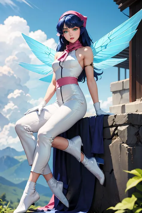 (masterpiece, best quality), 1girl, <lora:zs_PixieDS:1> pixieds, blue hair, wings, gloves, green eyes, fairy, long hair, scarf, dress, white pants, white footwear