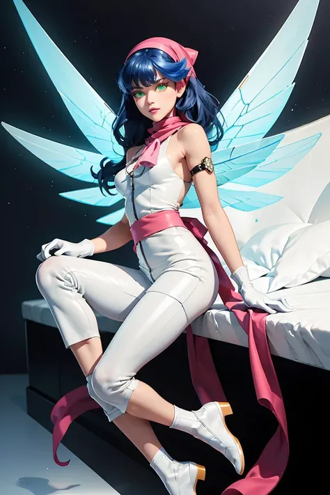 (masterpiece, best quality), 1girl, <lora:zs_PixieDS:1> pixieds, blue hair, wings, gloves, green eyes, fairy, long hair, scarf, dress, white pants, white footwear