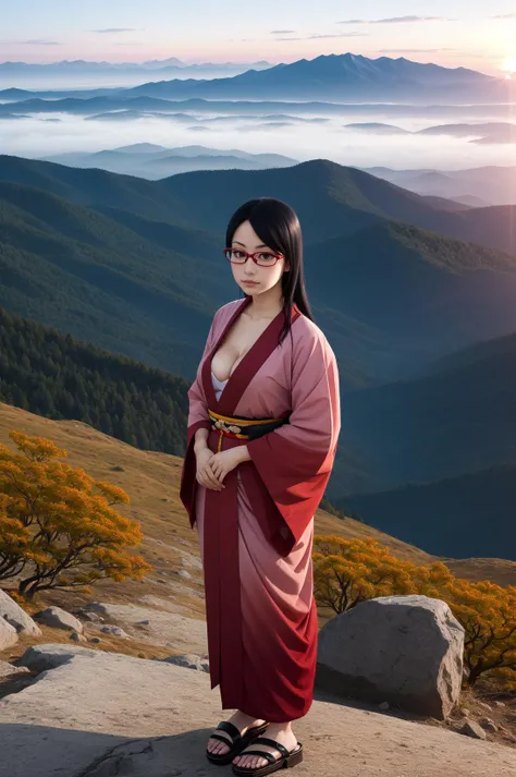 1girl, solo, standing, looking at viewer, black hair, long hair, glasses, red-framed eyewear, medium breasts, cleavage, japanese clothes, kimono, geta sandals, sunrise, evening, gradient sky, mountainous horizon <lora:Sarada:0.8>