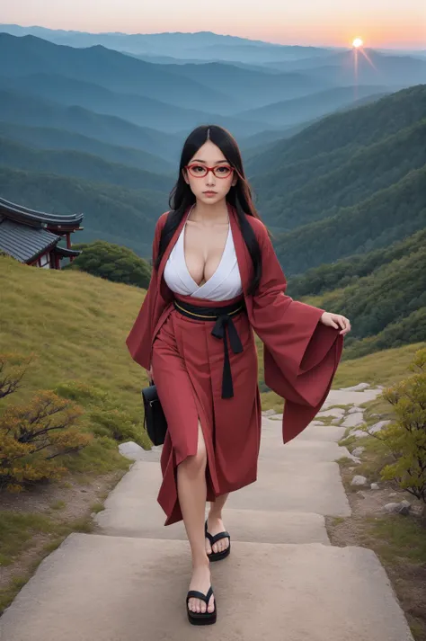 1girl, full body, solo, from above, samurai, graceful curves, walking, looking at viewer, black long hair, red-framed eyewear, medium breasts, navel, cleavage, revealing clothes, japanese clothes, short kimono, wide sleeves, hakama short skirt, belt made out of rope, geta, sunrise, evening, gradient sky, mountainous horizon <lora:Sarada:0.8>