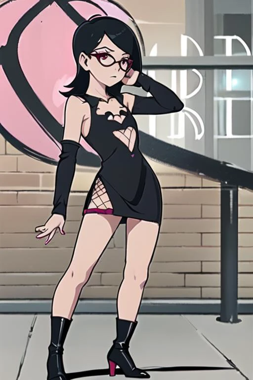 masterpiece, perfect face, perfect hands, high quality, perfect legs, 1girl, ((full body, high heel boots, flat chest, small breasts, young girl,)) city street, standing, city street, Sarada, glasses, black hair, heart pasties, ((fishnet dress,)) <lora:fishnetdressv01:0.75> <lora:pasties_4in1_99756:0.6><lora:Sarada:0.7>