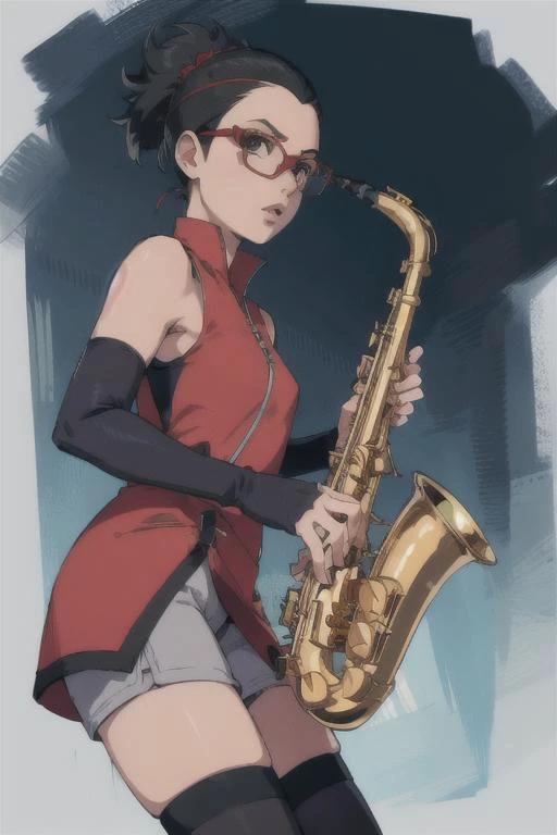 <lora:Sarada:0.7> glasses, dress, shorts, arm warmers, forehead potector, black thighighs <lora:saxophone:0.7> playing saxophone, saxophone