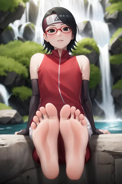 beautiful, hd, perfect lighting, <lora:Sarada:1.0>, solo, black hair, short hair, shiny hair, forehead protector, black eyes, red-framed eyewear, bare shoulders, red dress, (white shorts:0.9), arm warmers, sitting, barefoot, soles, from below, outside, park, day, bush, flower, waterfall, sidelighting