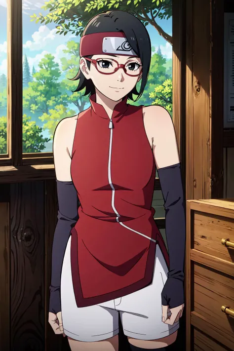 absurdres, high quality, forest, standing, 1girl, forehead protector, konohagakure symbol, (red-framed eyewear), happy, short hair, black eyes, bare shoulders, red dress, (pelvic curtain:0.9), arm warmers, (white shorts:0.9) <lora:Sarada:0.8>