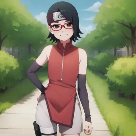 <lora:Sarada:1>,
anime screencap, 
1girl,solo,black hair,short hair, black eyes,skinny,cowboy shot, standing, forehead protector, smirk,(dress:1.1),(white shorts:0.8), black thighhighs, thigh holster, arm warmers, bare shoulders, looking at viewer, outdoors,pelvic,red-framed eyewear, glasses,arms behind back, head tilt, pelvic curtain, facing viewer, hands on hips, zipper, shiny hair,