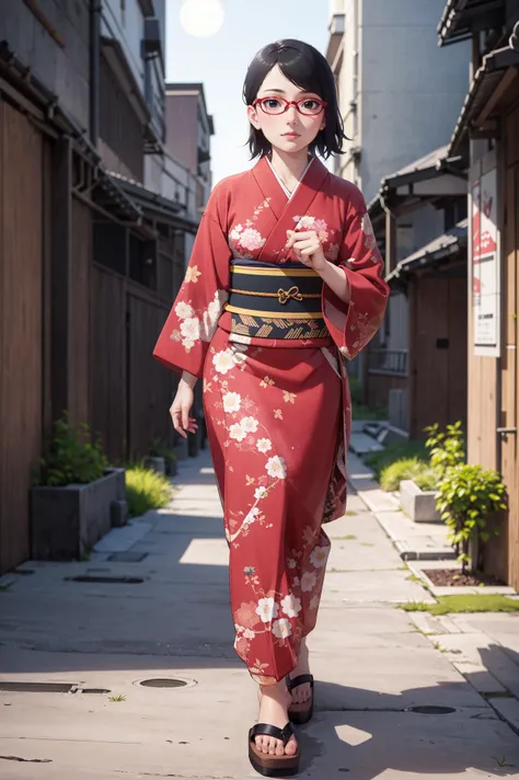 photorealistic, (hyperrealistic:1.2), beautiful, masterpiece, best quality, extremely detailed face, perfect lighting, <lora:Sarada:0.85> solo, shy, black hair, short hair, (floating hair:0.85), black eyes, glasses, red-framed eyewear