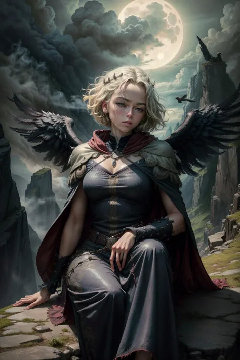 <lora:add_detail:1>,  <lora:GoodHands-vanilla:1>, <lora:Milly_Alcock-v1:1> a woman m111y,blonde hair,  portrait, solo, (full body:0.6), looking down, detailed background, detailed face, ( 1920s art deco theme:1.1),  raven-wizard, envoy of the raven-queen, dark feathers, wearing tattered  cloak, hood, dark   brooch, stoic, dark folded feathered wings, sitting,   raven sitting on shoulder, swirling dark feathers floating in the air,  glimmering  aura,  glowing magical symbols in the air,  steep cliffs in background, dark night,  moonlight,   gray mist, stormclouds gathering, foreboding atmosphere,,