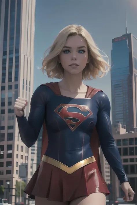 photorealistic, octane render, best quality, sharp focus, 8k, 4k, Masterpiece,   <lora:Milly_Alcock-v1:0.8> a woman m111y,  <lora:Supergirl:0.5> supergirl, Milly Alcock wearing Supergirl outfit, blonde hair, blue eyes, short hair, centre parting hair, facing viewer, looking at viewer, clenched fist, new york, city, skyscrapers,