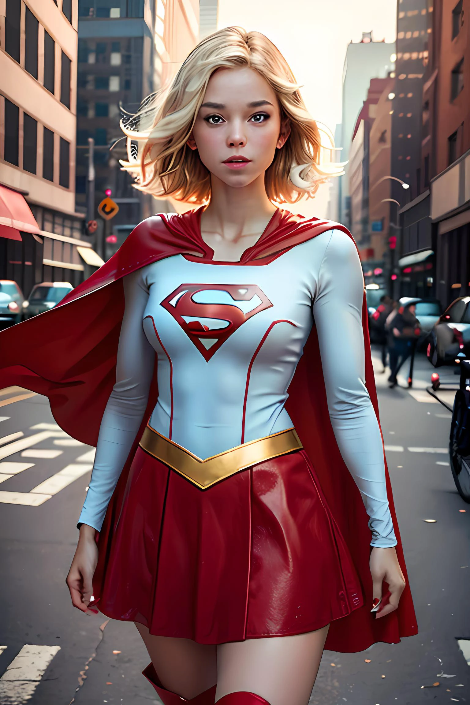 photorealistic, octane render, best quality, sharp focus, 8k, 4k, Masterpiece, <lora:Milly_Alcock-v1:0.8> a woman m111y, <lora:Supergirl:0.6> supergirl, Milly Alcock wearing Supergirl outfit, blonde hair, blue eyes, short hair, centre parting hair, facing viewer, looking at viewer, upper body, red cape, white shirt, belt, white skirt, white knee boot, outside, new york, city street