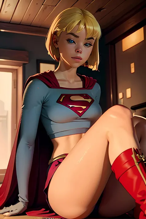 photorealistic, octane render, best quality, sharp focus, 8k, 4k, Masterpiece, <lora:Milly_Alcock-v1:1> a woman m111y, Milly Alcock, blonde hair, blue eyes, short hair, centre parting hair, facing viewer, looking at viewer, upper body, <lora:Supergirl_Galatea:0.6> Supergirl, short hair, blue crop top, long sleeves, red pleated skirt, red gloves, knee-high boots, red cape